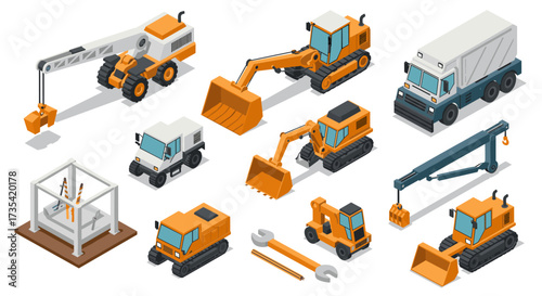 Construction equipment isometric icons excavator, crane, bulldozer, truck, and tools
