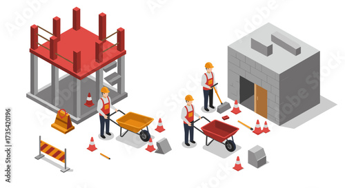 Construction workers building site with isometric tools and structures