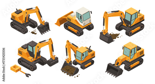 Isometric construction vehicles collection with excavators and bulldozers