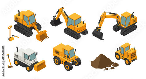 Construction equipment set isometric excavators, bulldozer, loader, dump truck