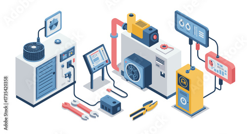 Isometric factory equipment setup with tools and machinery in modern industrial design