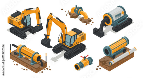 Isometric construction equipment and pipeline elements for infrastructure projects