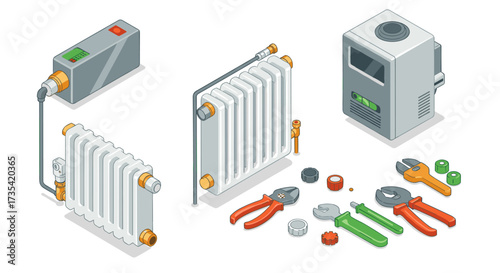 Isometric heating system components and tools for repair and installation