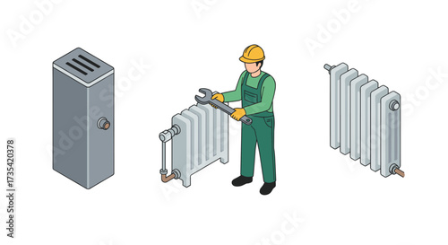 Isometric repair and maintenance of radiator and boiler system