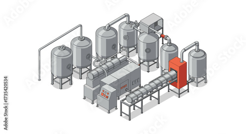 Isometric industrial brewery equipment with fermentation tanks and pipe system