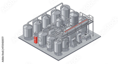 Isometric brewery equipment set with fermentation tanks and industrial pipes