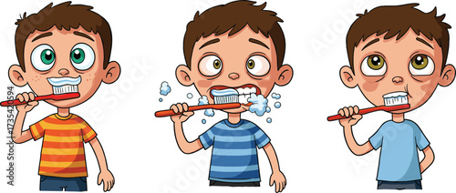 Cartoon boy brushing teeth, dental hygiene routine, toothpaste foam, morning care, clean smile, healthy habit, children illustration, oral care education