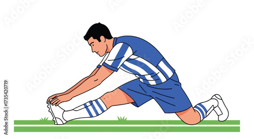 Illustrated soccer athlete stretching leg muscles before the game for injury prevention fitness and peak athletic performance pre-match routine