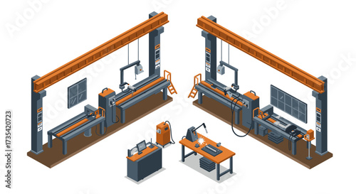 Isometric industrial workshop with advanced cnc machinery and tools