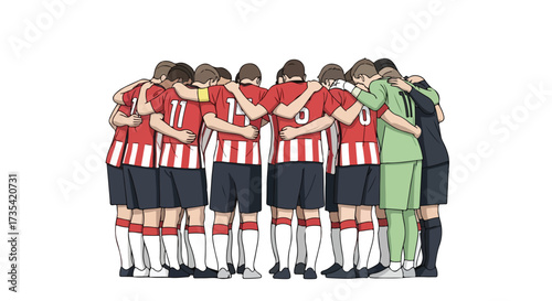 Illustrated soccer team huddled in a circle for team spirit and motivation strategy before a game, showcasing unity and camaraderie of players