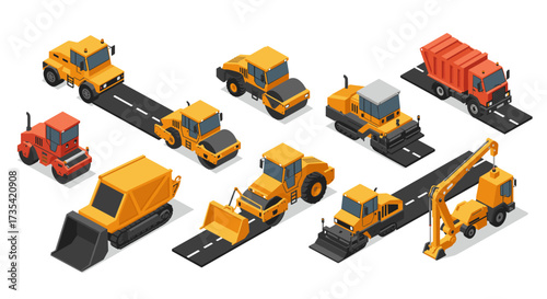 Isometric construction machinery set with road elements in bright colors