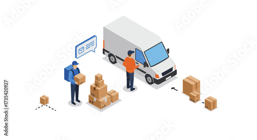 Isometric delivery service with couriers and packages around a van