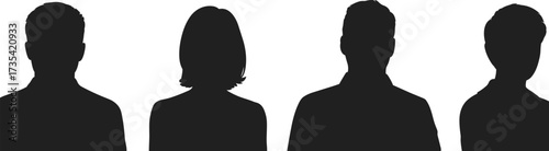Silhouettes of four people, black figures on white background, group concept, anonymous individuals, minimal design, diversity theme, modern graphic, isolated characters, identity concept