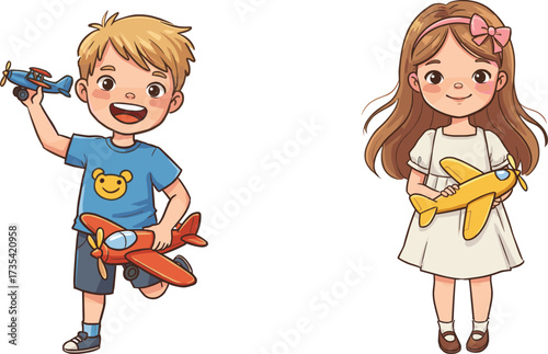 Cartoon children holding toy airplanes, happy boy and girl playing together, childhood fun, imagination, creativity, friendship, outdoor activity, joyful entertainment