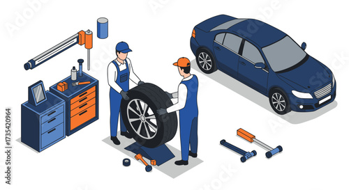 Isometric car repair scene with mechanics working in auto shop