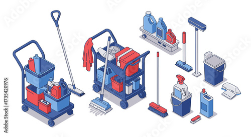 Isometric cleaning equipment set featuring carts, mops, and cleaning supplies