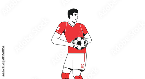Illustration of a soccer player holding a ball, in a modern flat design style, showcasing sportsmanship and athletic prowess, set against a clean