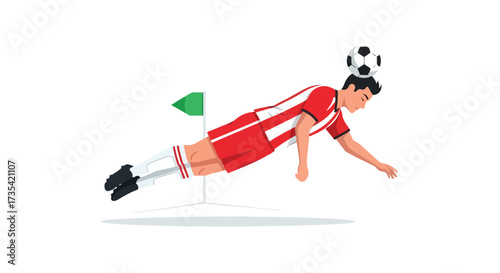 Dynamic soccer player balances the ball with skill and athleticism near corner flag in mid-air dive motion