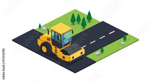 Isometric road construction scene with roller on freshly paved asphalt
