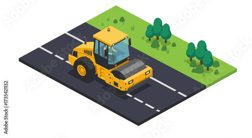 Isometric road roller on asphalt segment with trees and grass