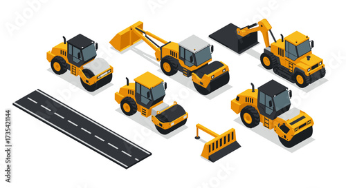 Isometric construction vehicles with road elements on white background