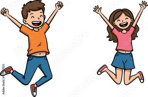 Cartoon children jumping with joy, happy expression, playful movement, energetic pose, active lifestyle, smiling kids, fun illustration, childhood happiness, celebration moment