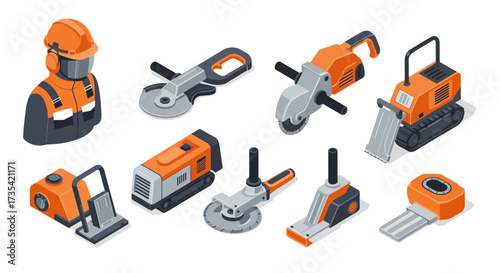 Construction equipment icons in isometric style featuring tools and safety gear