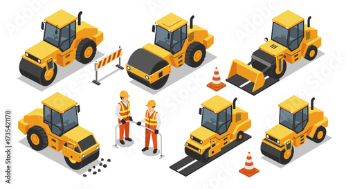 Isometric construction equipment and worker set with heavy machinery and safety gear