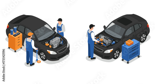 Isometric car maintenance scene with mechanics in garage setting