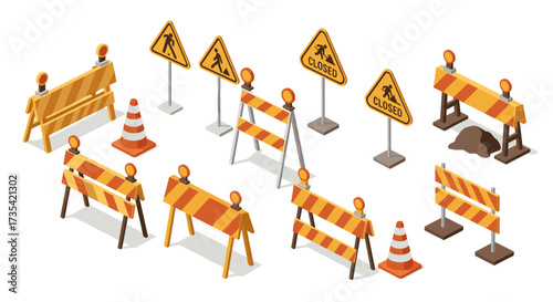 Isometric traffic barriers and road signs set for construction and safety