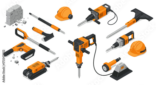 Construction tools and equipment in isometric style with drill, hammer, and safety gear