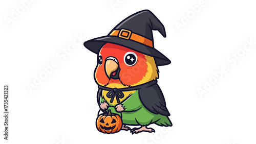 Halloween Parrot in Costume: A cute and cheerful cartoon parrot dressed up for Halloween, wearing a witch hat and cape while holding a pumpkin. Perfect for Halloween decor and themed content.
