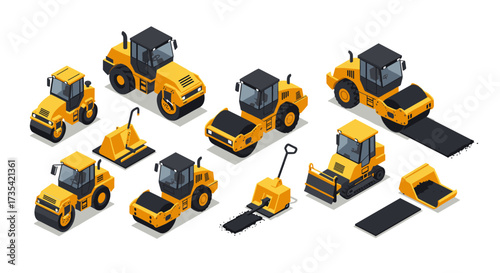 Isometric construction vehicles set featuring road rollers and excavators