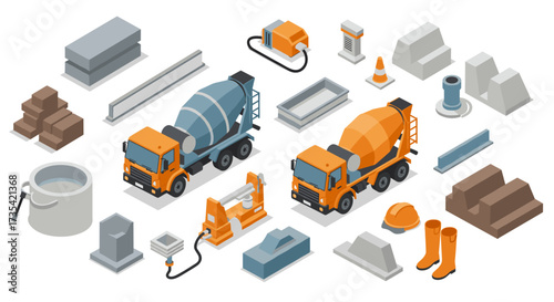 Isometric construction equipment and materials set featuring cement trucks and tools