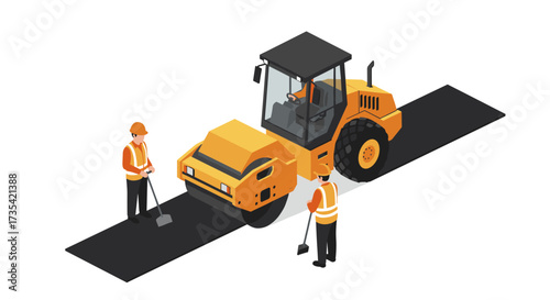 Isometric road construction scene with workers and machinery on asphalt