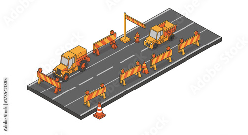 Isometric construction site with trucks and barriers on road