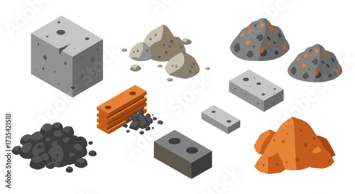 Isometric building materials stone, concrete, bricks, and gravel elements
