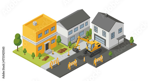 Isometric urban construction with excavator and buildings
