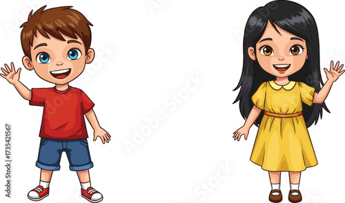 Cartoon children waving happily, friendly gesture, smiling kids, cheerful expression, character illustration, childhood moment, welcoming pose, playful greeting, happy interaction