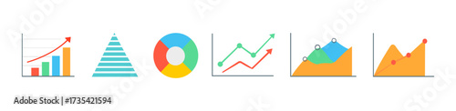 Business graph and charts icon set. Business data charts. Colorful graphs, diagrams, schemes, infographic, analytic report. Statistics, data, growth, falling and pie chart icons set