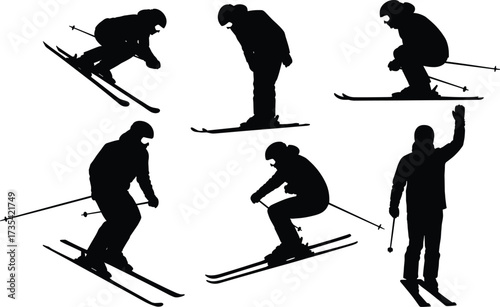 Silhouette skiers in action, skiing poses, winter sport, downhill skiing, ski jump, outdoor activity,