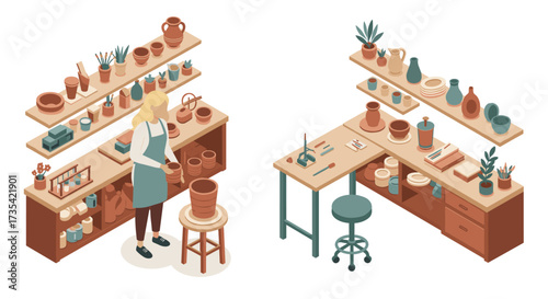 Isometric pottery workshop scene with crafting tools and shelves of ceramic art