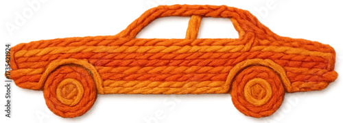 Side profile of a vibrant orange sedan car meticulously crafted from coiled yarn, isolated on a white background as a symbol of handmade creativity and transportation