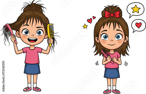 Cartoon girl combing messy hair to neat style, childhood grooming, personal care, beauty routine, lifestyle, transformation, happiness, expression, self care, improvement