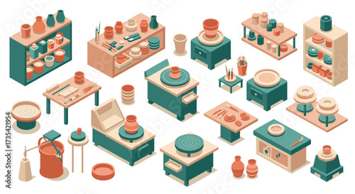 Isometric pottery studio with equipment and tools in vintage tones for creative design