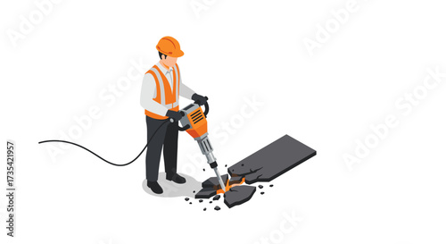 Construction worker using jackhammer on concrete in modern flat design