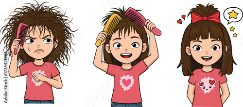 Cartoon girl combing messy hair to neat style, personal care, grooming, childhood transformation, beauty routine, happiness, lifestyle, expression, self care, improvement