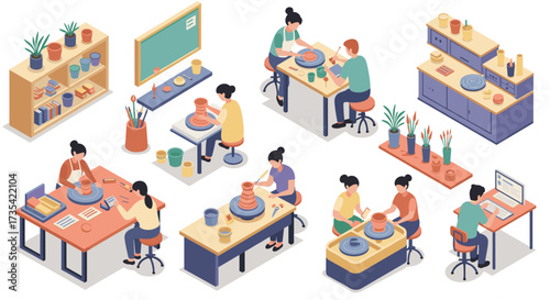 Creative pottery class activities in modern isometric art style