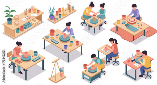Crafting pottery in a creative isometric workshop setting