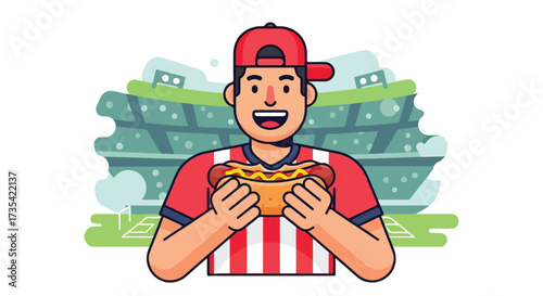 Enthusiastic spectator enjoying a hotdog at stadium cartoon illustration happy fan vector artwork with vibrant colors and stylized stadium in the